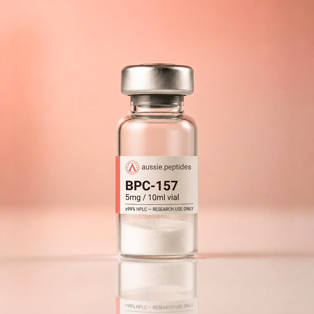 Aussie Peptides BPC-157 research vial with branded cream label, HPLC verified