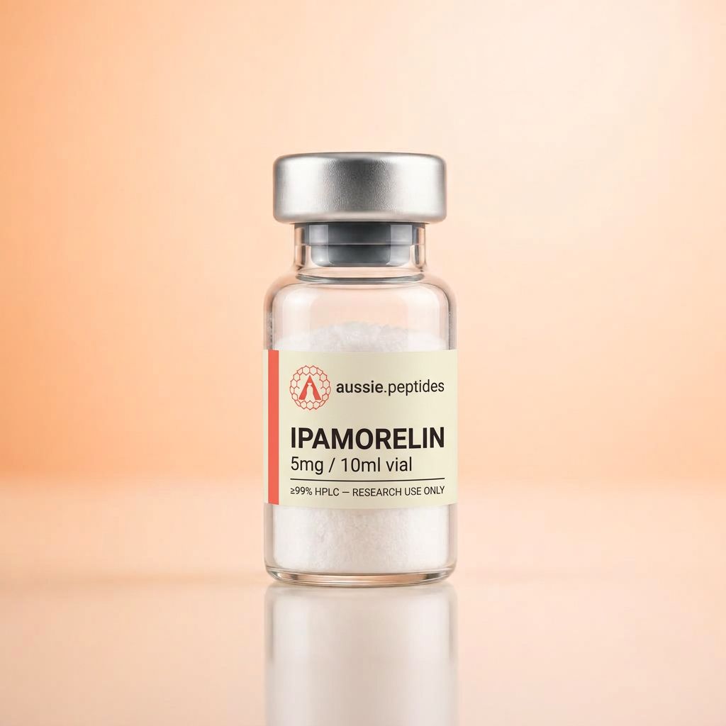 Aussie Peptides Ipamorelin research vial with branded cream label, HPLC verified