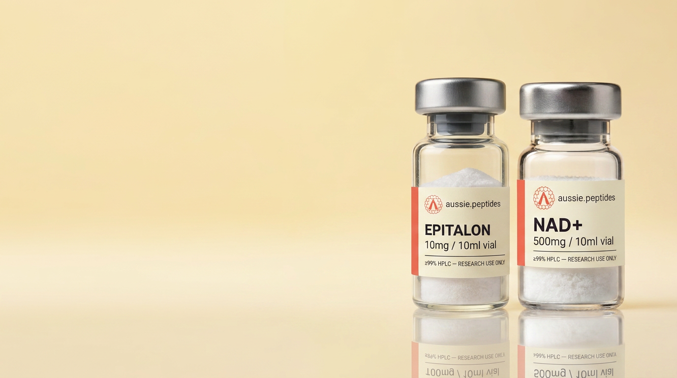 Aussie Peptides Epitalon and NAD+ vials on a warm butter-yellow studio backdrop — longevity research peptides, ≥99% HPLC verified, shipped in Australia