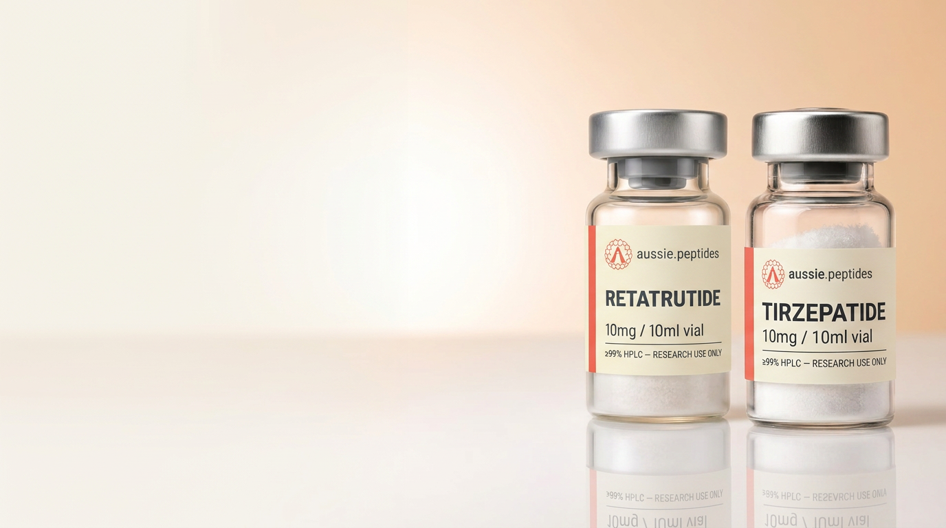 Aussie Peptides Retatrutide and Tirzepatide vials on a cream studio backdrop — metabolic research peptides, ≥99% HPLC verified, shipped in Australia