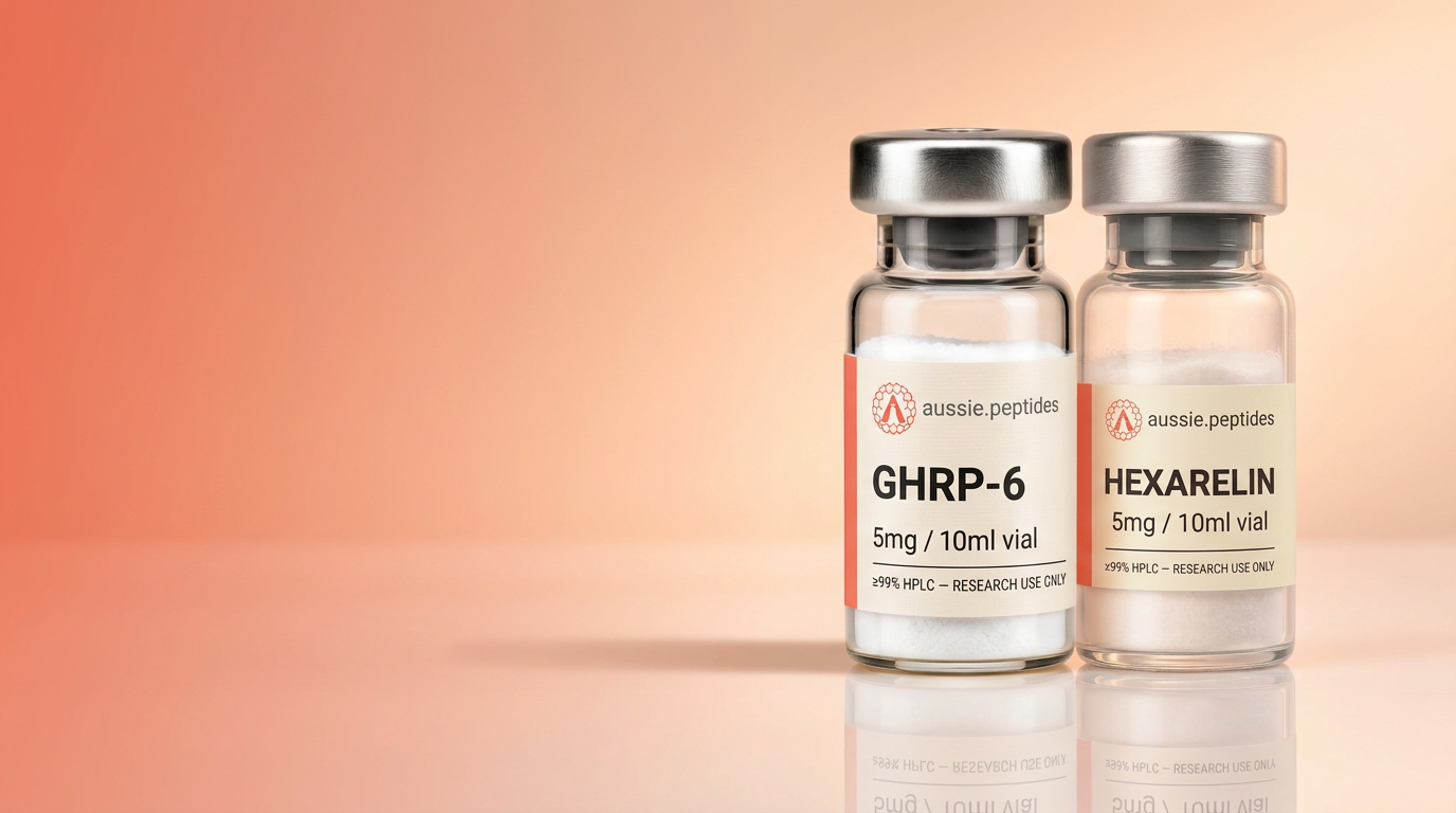 Aussie Peptides GHRP-6 and Hexarelin vials on a coral-to-peach studio backdrop — performance research peptides, ≥99% HPLC verified, shipped in Australia