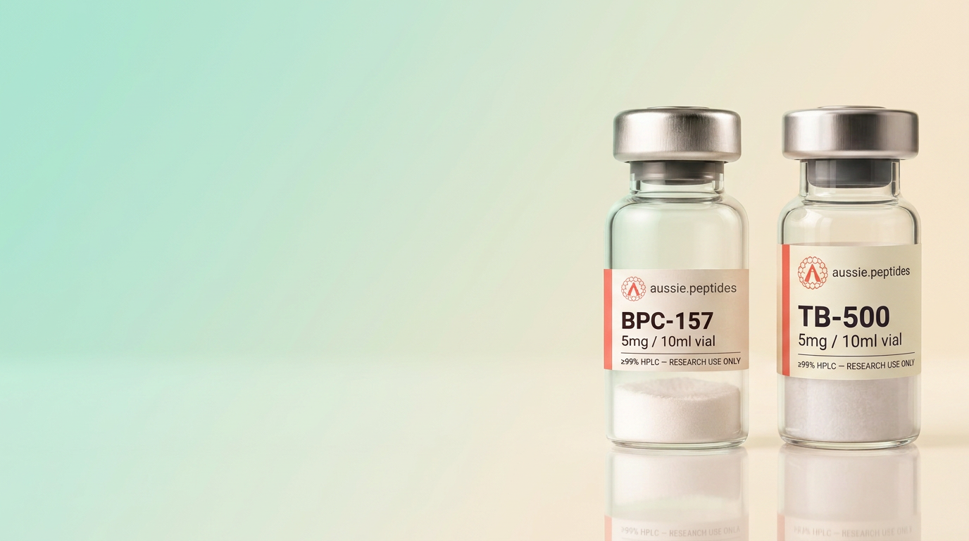 Aussie Peptides BPC-157 and TB-500 vials on a mint-to-cream studio backdrop — recovery research peptides, ≥99% HPLC verified, shipped in Australia