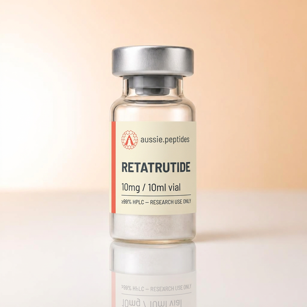 Aussie Peptides Retatrutide research vial with branded cream label, HPLC verified