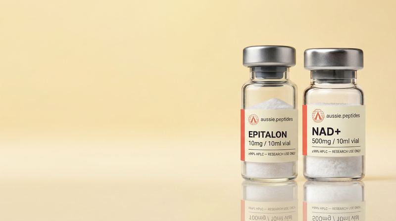 Aussie Peptides Epitalon and NAD+ vials on a warm butter-yellow studio backdrop — longevity research peptides, ≥99% HPLC verified, shipped in Australia