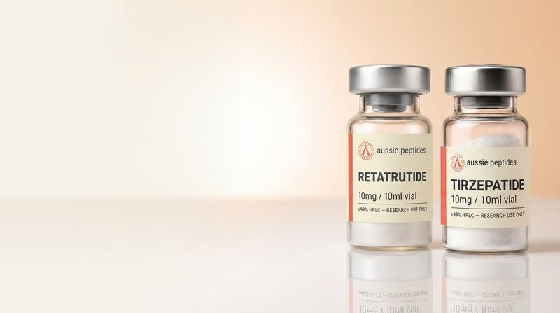 Aussie Peptides Retatrutide and Tirzepatide vials on a cream studio backdrop — metabolic research peptides, ≥99% HPLC verified, shipped in Australia