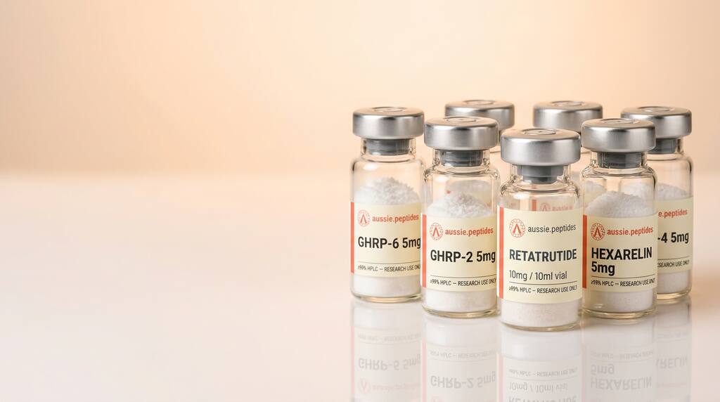 Aussie Peptides research peptide vial on a laboratory bench — lyophilised powder in a branded glass vial, HPLC verified and cold-chain dispatched Australia-wide