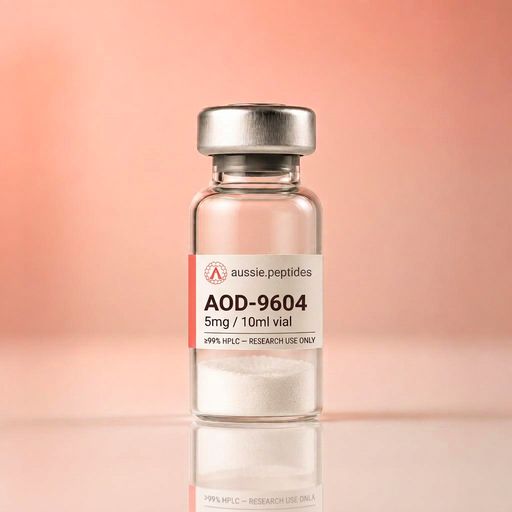 Aussie Peptides AOD-9604 5mg vial — lyophilised research peptide powder in a clear glass vial with the cream Aussie Peptides label, coral accent bar, circular Aussie Peptides logo and silver crimp cap. Metabolic research peptide Australia, ≥99% HPLC verified with batch CoA, dispatched Australia-wide, research use only.