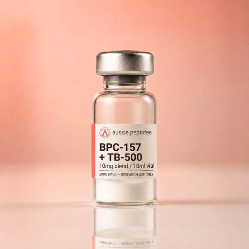 Aussie Peptides BPC-157 + TB-500 Blend 10mg (5mg / 5mg) vial — lyophilised research peptide powder in a clear glass vial with the cream Aussie Peptides label, coral accent bar, circular Aussie Peptides logo and silver crimp cap. Recovery research peptide Australia, ≥99% HPLC verified with batch CoA, dispatched Australia-wide, research use only.