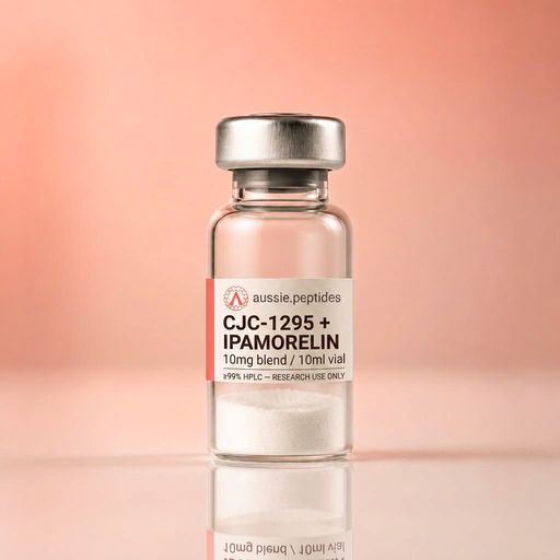 Aussie Peptides CJC-1295 + Ipamorelin Blend 10mg (5mg / 5mg) vial — lyophilised research peptide powder in a clear glass vial with the cream Aussie Peptides label, coral accent bar, circular Aussie Peptides logo and silver crimp cap. Performance research peptide Australia, ≥99% HPLC verified with batch CoA, dispatched Australia-wide, research use only.
