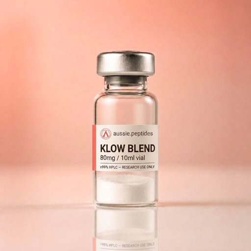 Aussie Peptides KLOW Blend 80mg (KPV 10mg + GHK-Cu 50mg + BPC-157 10mg + TB-500 10mg) vial — lyophilised research peptide powder in a clear glass vial with the cream Aussie Peptides label, coral accent bar, circular Aussie Peptides logo and silver crimp cap. Skin & Hair research peptide Australia, ≥99% HPLC verified with batch CoA, dispatched Australia-wide, research use only.