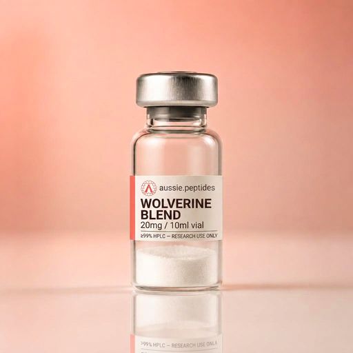 Aussie Peptides Wolverine Blend 20mg (BPC-157 10mg + TB-500 10mg) vial — lyophilised research peptide powder in a clear glass vial with the cream Aussie Peptides label, coral accent bar, circular Aussie Peptides logo and silver crimp cap. Recovery research peptide Australia, ≥99% HPLC verified with batch CoA, dispatched Australia-wide, research use only.