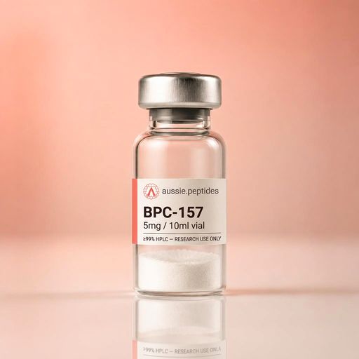 Aussie Peptides BPC-157 5mg vial — lyophilised research peptide powder in a clear glass vial with the cream Aussie Peptides label, coral accent bar, circular Aussie Peptides logo and silver crimp cap. Recovery research peptide Australia, ≥99% HPLC verified with batch CoA, dispatched Australia-wide, research use only.