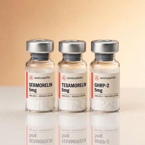 Aussie Peptides GH Longevity Stack — Sermorelin + Tesamorelin + GHRP-2 — matching branded research peptide vials grouped together, each with the cream Aussie Peptides label, coral accent bar and silver crimp cap. Research peptide bundle Australia, ≥99% HPLC verified with batch CoA, research use only.