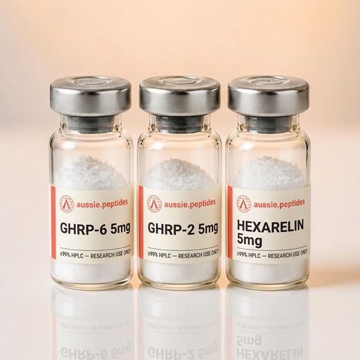 Aussie Peptides GH Performance Stack — GHRP-6 + GHRP-2 + Hexarelin — matching branded research peptide vials grouped together, each with the cream Aussie Peptides label, coral accent bar and silver crimp cap. Research peptide bundle Australia, ≥99% HPLC verified with batch CoA, research use only.