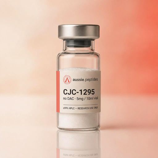 Aussie Peptides CJC-1295 (no DAC) 5mg vial — lyophilised research peptide powder in a clear glass vial with the cream Aussie Peptides label, coral accent bar, circular Aussie Peptides logo and silver crimp cap. Performance research peptide Australia, ≥99% HPLC verified with batch CoA, dispatched Australia-wide, research use only.