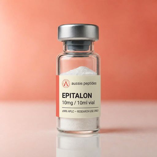 Aussie Peptides Epitalon 10mg vial — lyophilised research peptide powder in a clear glass vial with the cream Aussie Peptides label, coral accent bar, circular Aussie Peptides logo and silver crimp cap. Longevity research peptide Australia, ≥99% HPLC verified with batch CoA, dispatched Australia-wide, research use only.