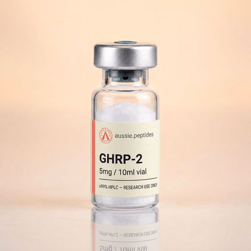 Aussie Peptides GHRP-2 5mg vial — lyophilised research peptide powder in a clear glass vial with the cream Aussie Peptides label, coral accent bar, circular Aussie Peptides logo and silver crimp cap. Performance research peptide Australia, ≥99% HPLC verified with batch CoA, dispatched Australia-wide, research use only.