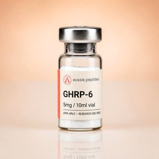 Aussie Peptides GHRP-6 5mg vial — lyophilised research peptide powder in a clear glass vial with the cream Aussie Peptides label, coral accent bar, circular Aussie Peptides logo and silver crimp cap. Performance research peptide Australia, ≥99% HPLC verified with batch CoA, dispatched Australia-wide, research use only.