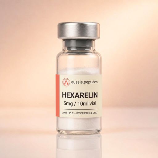 Aussie Peptides Hexarelin 5mg vial — lyophilised research peptide powder in a clear glass vial with the cream Aussie Peptides label, coral accent bar, circular Aussie Peptides logo and silver crimp cap. Performance research peptide Australia, ≥99% HPLC verified with batch CoA, dispatched Australia-wide, research use only.