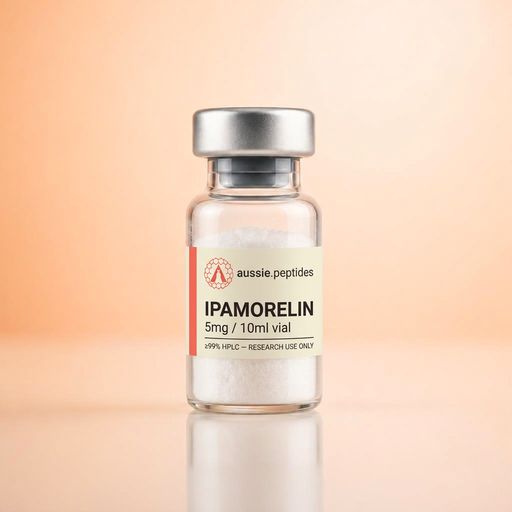 Aussie Peptides Ipamorelin 5mg vial — lyophilised research peptide powder in a clear glass vial with the cream Aussie Peptides label, coral accent bar, circular Aussie Peptides logo and silver crimp cap. Performance research peptide Australia, ≥99% HPLC verified with batch CoA, dispatched Australia-wide, research use only.