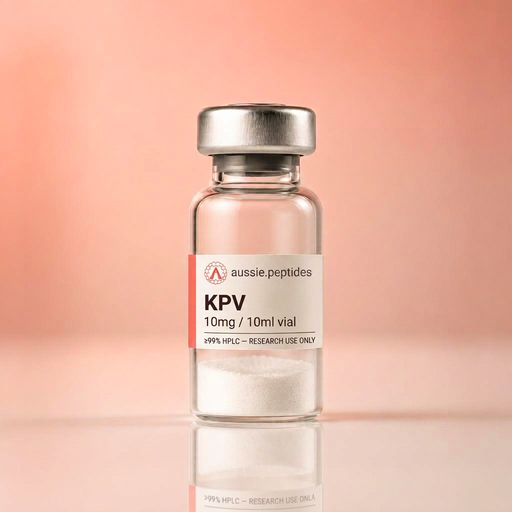 Aussie Peptides KPV 10mg vial — lyophilised research peptide powder in a clear glass vial with the cream Aussie Peptides label, coral accent bar, circular Aussie Peptides logo and silver crimp cap. Recovery research peptide Australia, ≥99% HPLC verified with batch CoA, dispatched Australia-wide, research use only.