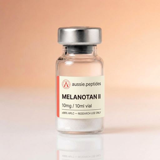 Aussie Peptides Melanotan II 10mg vial — lyophilised research peptide powder in a clear glass vial with the cream Aussie Peptides label, coral accent bar, circular Aussie Peptides logo and silver crimp cap. Skin & Hair research peptide Australia, ≥99% HPLC verified with batch CoA, dispatched Australia-wide, research use only.