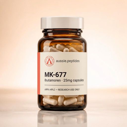 Aussie Peptides MK-677 (Ibutamoren) 25mg vial — lyophilised research peptide powder in a clear glass vial with the cream Aussie Peptides label, coral accent bar, circular Aussie Peptides logo and silver crimp cap. Longevity research peptide Australia, ≥99% HPLC verified with batch CoA, dispatched Australia-wide, research use only.
