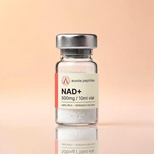 Aussie Peptides NAD+ 500mg vial — lyophilised research peptide powder in a clear glass vial with the cream Aussie Peptides label, coral accent bar, circular Aussie Peptides logo and silver crimp cap. Longevity research peptide Australia, ≥99% HPLC verified with batch CoA, dispatched Australia-wide, research use only.