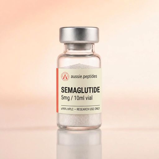 Aussie Peptides Semaglutide 5mg vial — lyophilised research peptide powder in a clear glass vial with the cream Aussie Peptides label, coral accent bar, circular Aussie Peptides logo and silver crimp cap. Metabolic research peptide Australia, ≥99% HPLC verified with batch CoA, dispatched Australia-wide, research use only.