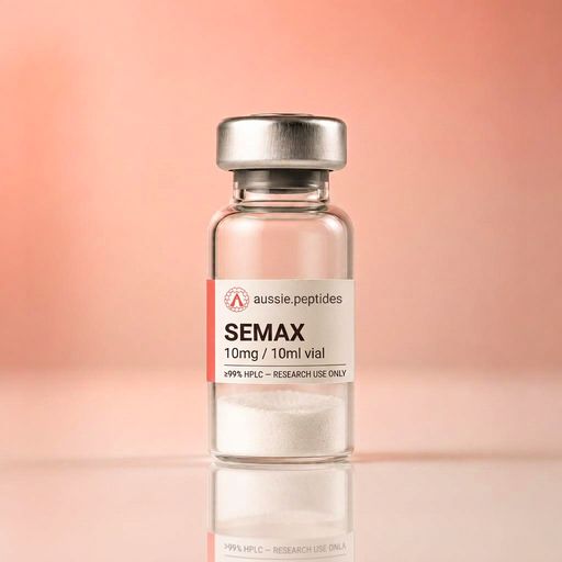 Aussie Peptides Semax 10mg vial — lyophilised research peptide powder in a clear glass vial with the cream Aussie Peptides label, coral accent bar, circular Aussie Peptides logo and silver crimp cap. Longevity research peptide Australia, ≥99% HPLC verified with batch CoA, dispatched Australia-wide, research use only.