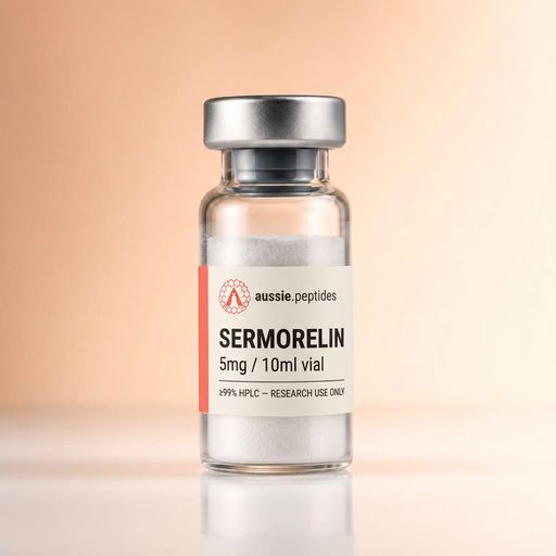 Aussie Peptides Sermorelin 5mg vial — lyophilised research peptide powder in a clear glass vial with the cream Aussie Peptides label, coral accent bar, circular Aussie Peptides logo and silver crimp cap. Longevity research peptide Australia, ≥99% HPLC verified with batch CoA, dispatched Australia-wide, research use only.