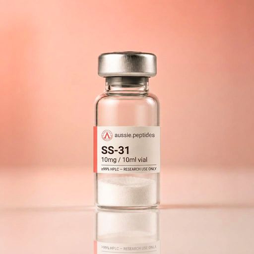 Aussie Peptides SS-31 (Elamipretide) 10mg vial — lyophilised research peptide powder in a clear glass vial with the cream Aussie Peptides label, coral accent bar, circular Aussie Peptides logo and silver crimp cap. Longevity research peptide Australia, ≥99% HPLC verified with batch CoA, dispatched Australia-wide, research use only.