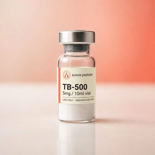 Aussie Peptides TB-500 5mg vial — lyophilised research peptide powder in a clear glass vial with the cream Aussie Peptides label, coral accent bar, circular Aussie Peptides logo and silver crimp cap. Recovery research peptide Australia, ≥99% HPLC verified with batch CoA, dispatched Australia-wide, research use only.