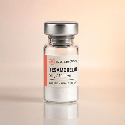 Aussie Peptides Tesamorelin 5mg vial — lyophilised research peptide powder in a clear glass vial with the cream Aussie Peptides label, coral accent bar, circular Aussie Peptides logo and silver crimp cap. Metabolic research peptide Australia, ≥99% HPLC verified with batch CoA, dispatched Australia-wide, research use only.