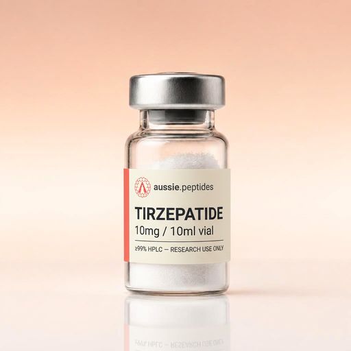 Aussie Peptides Tirzepatide 10mg vial — lyophilised research peptide powder in a clear glass vial with the cream Aussie Peptides label, coral accent bar, circular Aussie Peptides logo and silver crimp cap. Metabolic research peptide Australia, ≥99% HPLC verified with batch CoA, dispatched Australia-wide, research use only.